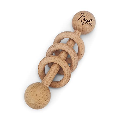 Baby HOLZ Stab Rassel mit Lasergravur - Greifling personalisiert mit Namen | Mädchen & Jungen Montessori Lernspielzeug als Geschenk zur Geburt, Taufe