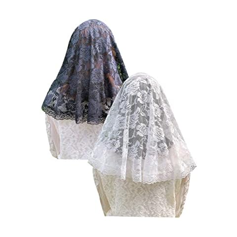 Grettytling Spitze Mantilla katholischer Schleier Kirche Schleier Kapelle Kopfbedeckung Lateinische Mass Rose Spitze Schleier Kopfbedeckung D-Form Cover