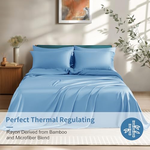 Image of Shilucheng 6 Piece California King Sheet Sets, Cooling Sheets, Blend Rayon Derived from Bamboo, Deep Pocket Up to 16 inch, Breathable & Soft Bed Sheets, Hotel Silky Bedding Set, Lake Blue