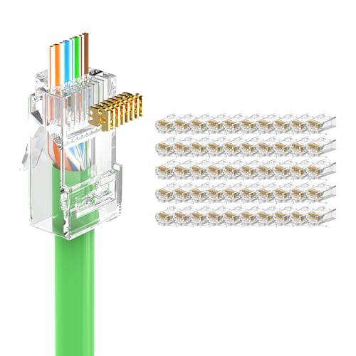 LEENUE 50 Pack RJ45 Pass Through Connector Cat6(UL Listed), 10Gbps, Gold-pated CAT6 CAT5e RJ45 connectors, UTP RJ45 Plugs for 23-26AWG Solid or Stranded Network Cables, Supports POE