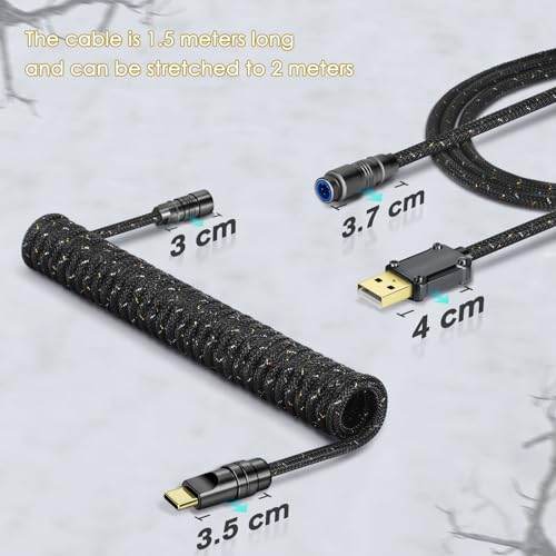MAMBASNAKE C05 Custom Zwinięty Kabel USB C do Klawiatury do Gier, w Oplocie Nylonowym Spiralny Kabel, USB-A na USB-C, Kabel Klawiatury Mechanicznej, CNC Metalowym Aviation Connector, 4,92ft -Czarny
