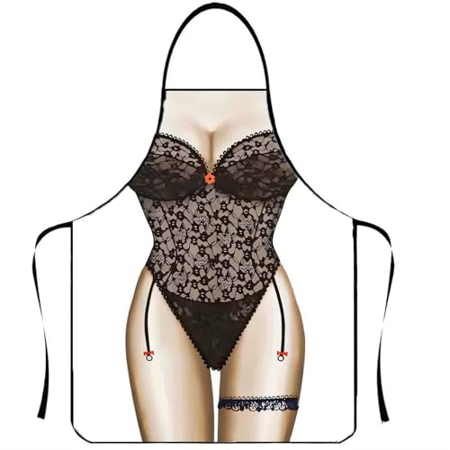 Lustige Küchenschürze Sexy Schürze 3D-lustige Kochschürze Sexy Mann-Frau-Schürze Neuheit Erwachsene für Geburtstagsfeier urkomisches Streiche Geschenk Witz Frauen Küche BBQ Party(Schwarze Spitzenfrau)