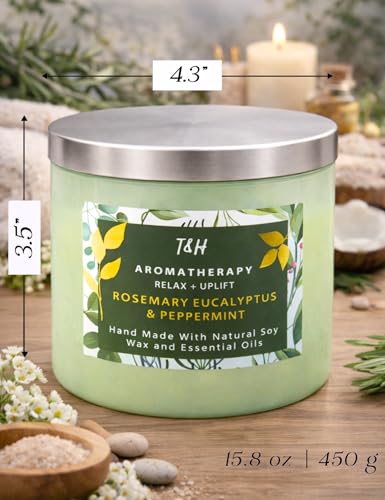 Rosemary Eucalyptus Peppermint 3 Wick Candle for Home Scented | 15.8 oz Large Soy Candle | Spa Aromatherapy Candles for Home Stress Relief | Clean Burn | Gift for Women & Men - Image 5