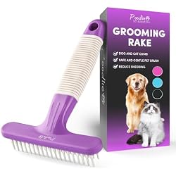 POODLIE Poodle Pet Dog Grooming Rake| Dematting Tool with Stainless Steel Shedding Comb for Pets | 2 Rows of Pins Gently Remove Loose or Tangled Hair from Undercoat | Purple Handle