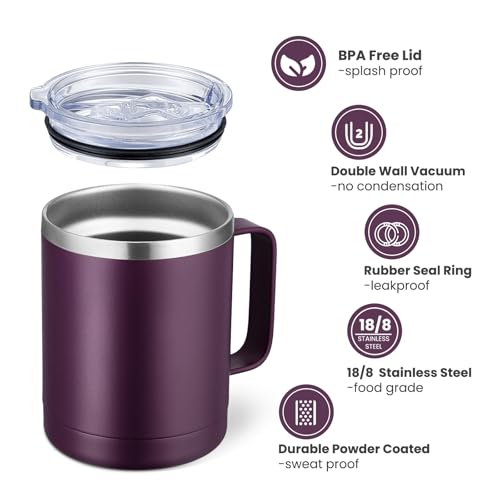 Image of MEWAY 12oz Coffee Mug With Handle and Sliding Lid,Stainless Steel Travel Tumbler Cup with Handle,Double Wall Vacuum Insulated Camping Cup for Hot & Cold Drinks Tea (Plum,Set of 1)