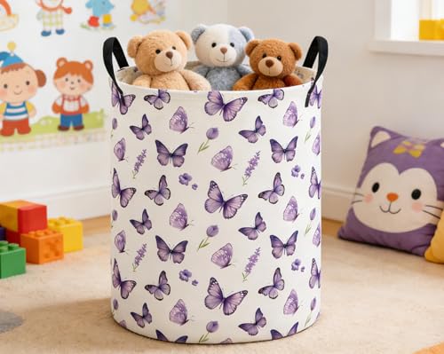 Image of ESSME Kids Laundry Basket,Butterfly Hamper Collapsible Canvas Waterproof Storage Bin for Girls, Cute Hamper,Gift Baskets(Purple butterfly)
