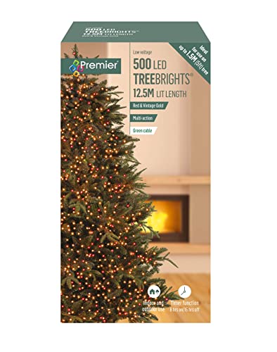 Premier 500 LED Christmas Tree Lights for A 5ft Tree Multi Action Cluster with Timer Red & Vintage Gold Colour