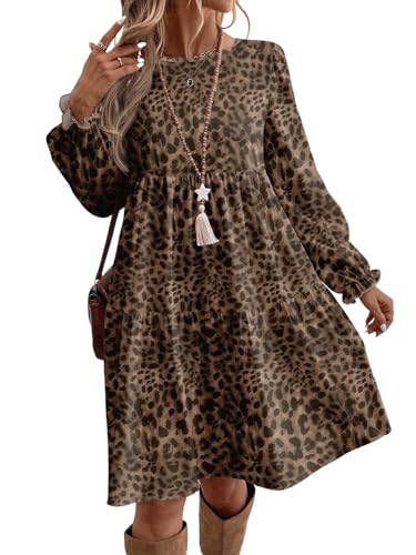 SweatyRocks Damen Langarm Kleid A Linie Freizeitkleid Leo Kleid Casual Shortkleid Leopardmuster Tunika Kleider mit Rüschen Leoparden L