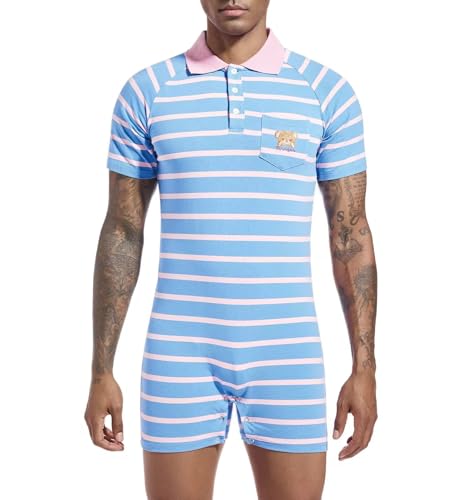 Mens Short Sleeve Romper Onesie One Piece Stripe Pajamas with Polo Collar