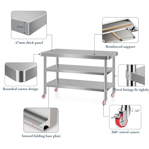 Mesa de cocina de acero inoxidable de 3 niveles con ruedas para preparar alimentos 5