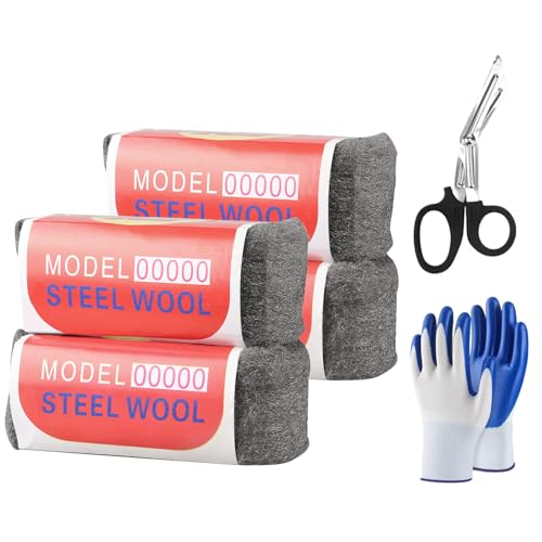 Lana de Acero, 4 Piezas 00000 Lana de Acero, Fácil de Cortar, Pulir, Limpiar Persianas de Plástico, con Tijeras y Guantes, para Rellenar Agujeros y Grietas en Paredes, para Habitaciones, Jardines