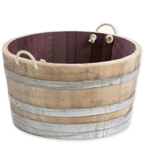 Temesso Demi-tonneau de vin en Bois de chêne- pôt de Fleurs ou Mini-étang (pôt de Fleurs avec poignées et Trous de Drainage) Utilisation extérieure