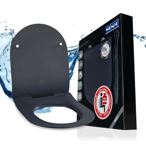 WENKO Toilettendeckel mit Absenkautomatik, ultraflach, hohe Belastbarkeit bis 300 kg, abnehmbar, WC Sitz in D Form, Klodeckel aus antibakteriellem Duroplast, einfache Montage, Mod. Sedilo, grau