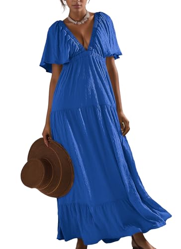 Image of Kikibell Women Summer Dresses Sexy V-Neck Maxi Dress Tiered Silhouette with Flutter Sleeve Backless Elastic Waist Flowy Dress