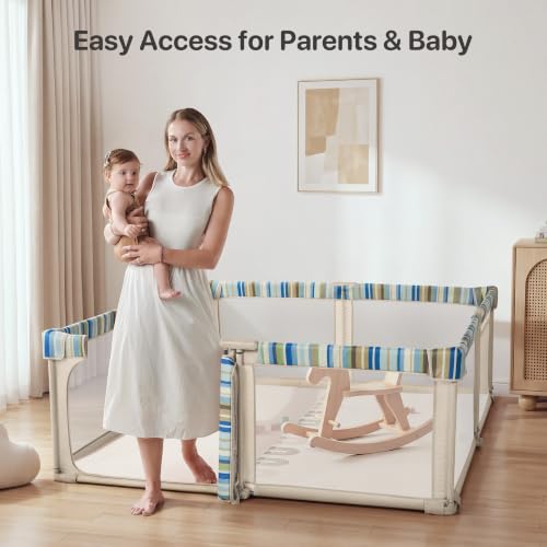 Image of Foldable Baby Playpen,Portable Play Pen for Babies 6-12 Months,59 inchx79 inch Playpen for Babies and Toddlers with Gate,Indoor & Outdoor Collapsible Baby Play Pen with Travel Bag(Khaki+Green Stripes)