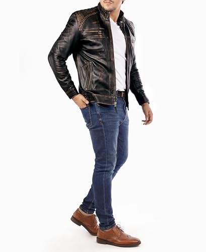 Image of Jild Signature Diamond Style Lambskin Leather Jacket Men - Premium Leather Cafe Racer Vintage Look Motorcycle Jacket Men