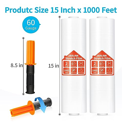 jarlink stretch film 15 inch x 1000 feet shrink wrap for pallet wrap industrial strength stretch wrap with handles moving wrapping plastic roll 60 gauge 2 pack clear