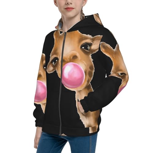 Funny Giraffe Blowing Bubble Kid Hoodies Boys Zip Up Sweatshirts Girls Pullover with Pocket