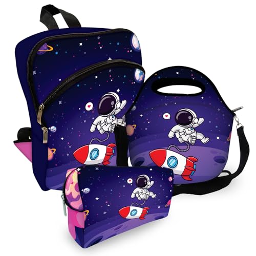 Kit Mochila de Costa Infantil + Lancheira + Estojo Astronauta Lua