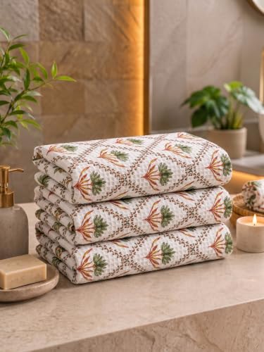 Image of Mafatlal Madhuban 250 GSM Premium Waffle Cotton Shower Towels Pack of 3 | 147 x 76 cm | Lightweight | Floral Design | Teal Green