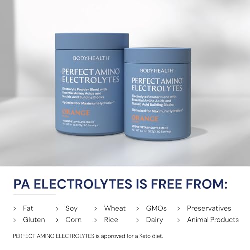 Image of BodyHealth PerfectAmino Electrolytes Powder No Sugar, Keto Sugar Free Fasting Electrolytes Drink Mix, Hydration Powder with Trace Minerals - Orange - 60 Servings