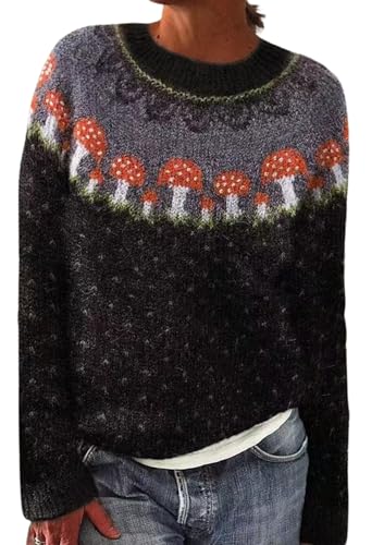 2024 Womens Christmas Sweater Vintage Fair Isle Print Sweater Long Sleeve Oversized Fair Isle Crewneck Knit Sweaters