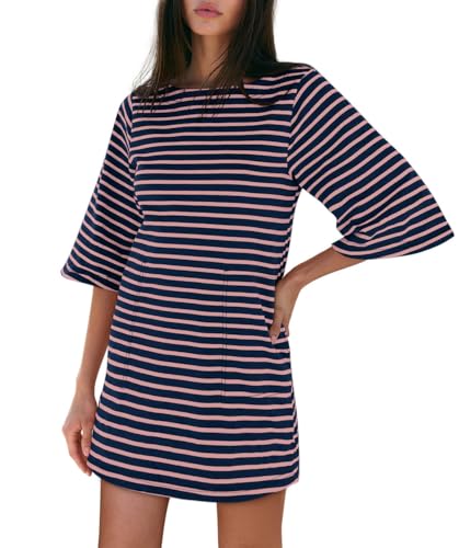 Image of Yousify Women's T Shirt Dress Cotton Summer Dresses 2026 Casual Loose Short Sleeve Striped Mini Dress with Pockets