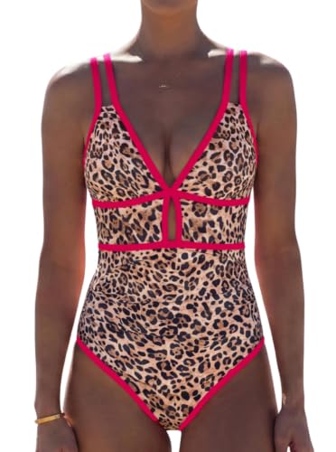 Image of popvil Women One Piece Swimsuit 2026 Tummy Control Sexy Cutout Neon Color Block Bathing Suit Slimming Adjustable Swimwear