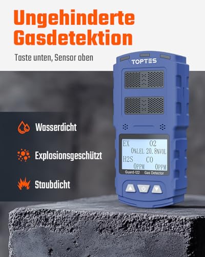 TopTes Guard-122 Gasdetektor, 4-Gas-Monitor für H2S, CO, LEL und O2, Multi-Gas-Detektor (Vibrations-, Hör- und Sichtalarme), Sicherheit Explosionsgeschützt, Gasmonitor für Arbeit, Zuhause