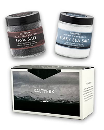 2er Geschenk-Set Saltverk Island Meersalz Flakes Natur und Lavasalz Meersalz mit Aktivkohle (2x 90g Glas im Geschenkkarton) Cover