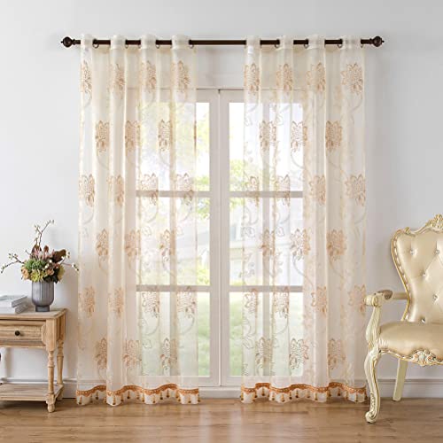 Elkca Floral Embroidered Sheer Curtains With Beads For Bedroom Window Tulle Curtain For Living Room,52Inchx96Inch,Grommet Top,2 Panels #TOP2