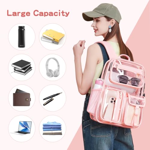 Image of Pink Clear Backpack Heavy Duty For Stadiums Events,16in TPU Girls BookBag | Large capacity See Through Plastic backpack Stitch Durable Design 6-Pocket For School Girl Adults work Airport Quick Security
