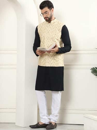 Image of SOJANYA (Since 1958 Men's Cotton Linen Maroon Kurta and White Pyjama with Mustard Cotton Nehru Jacket