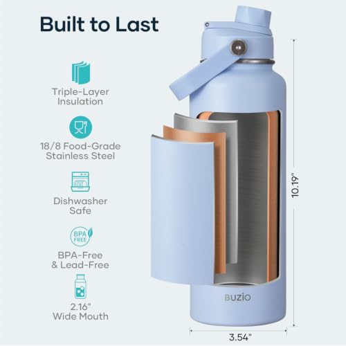 Image of BUZIO Triple Wall Vacuum Water Bottle with Dust-Proof Straw & Spout Lids