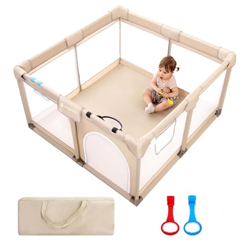 Image of Joypony Baby Playpen, 50x50 in Small Play Pen for Babies and Toddlers, Playpen for Kids with Gate, Indoors Play Yard with Soft Breathable Mesh (Beige)
