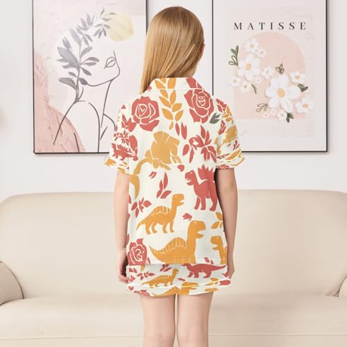senya Pajama Sets Silky Button Down Nightwear Sleepwear Size 5-14 Years Colorful Dino Rose4