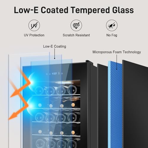 Image of Tylza 24 Bottles Wine Fridge, Wine Cellar with Powerful Compressor, LED Touchscreen, Low-E Tempered Glass Door, Lock, Wine Cooler Refrigerator for Red, White, Champagne or Sparkling Wine, Black