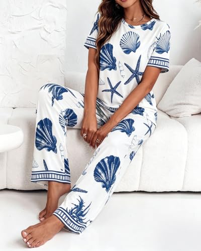 Image of CHICME Womens Pajamas Sets 2 Piece Short Sleeve Lounge Set Printed Loose Pants Pj Sets Loungewear Set