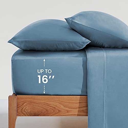 Sleep Zone Luxury Bamboo Sheets Set Full Size 4 Piece - Soft Breathable Cooling Bed Sheets Set - Fitted Flat Sheet & Pillowcase Sets - Pilling Free Fade Resistant Deep Pocket 16" (Blue) #TOP4