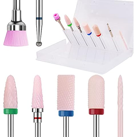 Kredioo Nail Drill Bits, Ceramic Carbide Drill Bit 3/32’’ for Acrylic Nails Cuticle Gels Electric File with Holder Box Package 7PCS Cover