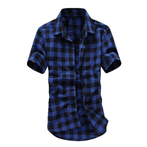 Blusas para Hombre Verano Camisetas Hombre Camisa a Cuadros de celosía de Manga Corta para Hombre Blusa con Cuello Redondo de Tallas Grandes Tees s Abrigos t-ShirtAzul oscuroXL