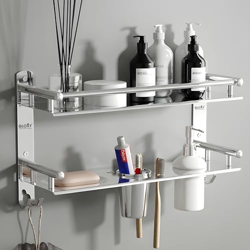 Image of GLOXY Premium Chrome Finish Stainless Steel Bathroom Shelf with Soap Holder, Toothpaste Holder & Liquid Soap Dispenser - 6 in 1 Bathroom Organizer Bathroom Accessories for Home, Office & Hotels