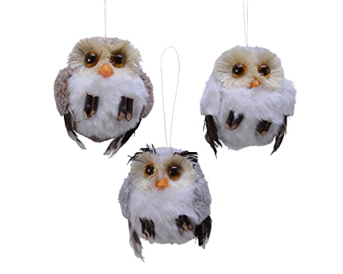 3 x Cute Rustic Style Fluffy OWL Christmas Tree Hanging Bauble/Decoration/Ornaments - Light Grey, Grey, Brown - 9 cm approx