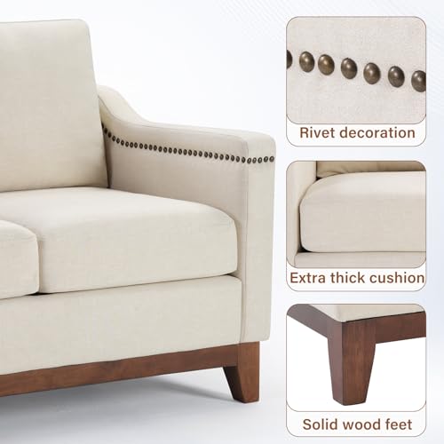 Image of 4-Piece Living Room Sofa Set with Coffee Table, Vintage Rivet Couch Sets with Solid Wood Legs, Sofas Furniture of Ottoman with Storage Space, Armchair, Loveseat and 3-Seat Sofa, Beige