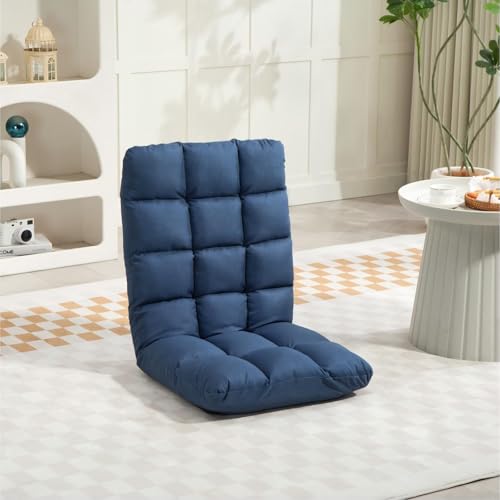Image of Folding Floor Gaming Chair with Back Support, 14-Position Adjustable Recliner - Padded Cushion with Breathable Linen & Cotton Blend for Adults & Kids, Perfect for Gaming, Reading & Meditation (Blue)