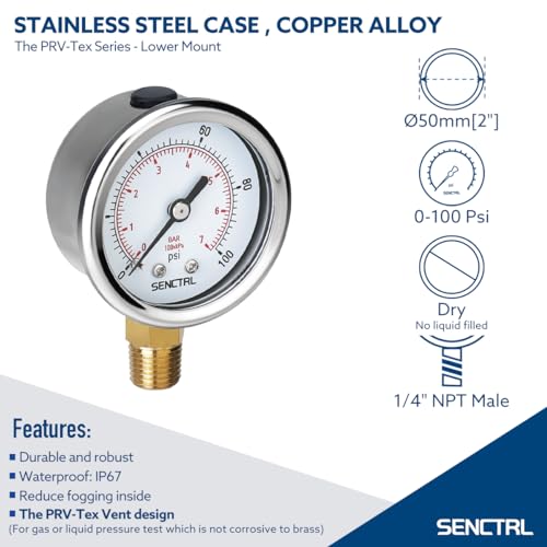 Image of SENCTRL 0-100 Psi Pressure Gauge, 2 inch Dial Size, 1 /4 NPT Lower Mount, Anti-Fog, Waterproof, Stainless Steel Case, for Water Filter Well Pump Air Tire Low Pressure Test