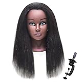 Mannequin Head Human Hair 16'' Cosmetology Manikin Doll Head with 100% Real Human Hair for Braiding Hairdresser Practice Styling with Free Clamp Holder-Black