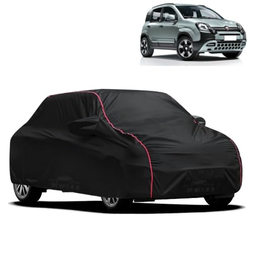 Image of Waterproof Car Cover for Fiat Panda | All-Weather Protection, Dustproof & UV Resistant | Triple Stitched Mirror Pockets, Windproof Buckle Strap with Elastic Hem, Black-Red Piping