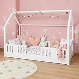 MEBLE WRÓBEL Hausbett Bodenbett 90x180 cm mit Rausfallschutz und Lattenrost - Montessori Einzelbett - Kinderbett aus Kiefer Massivholz Weiß - Kleinkindbett für Jungen & Mädchen