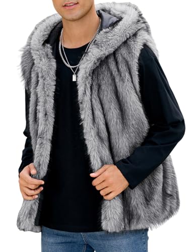Gihuo Mens Faux Fur Vest Hooed Fur Gilet Sleevless Jacket Winter Warm Hooded Outerwear(BlackGrey-M)